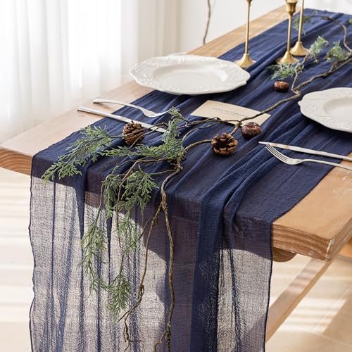 Image of Navy Cheesecloth Table Runner 120 Inches for Party Boho Home Decorations | For Wedding Baby Shower Bridal Shower Birthday Engagement Party 10FT Rustic Boho Home Decor