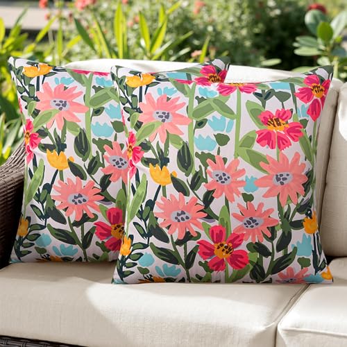 Pyonic Waterproof Floral Outdoor Throw Pillow Covers 18x18 Inch Set of 2 Double-Sided Printed Colorful Flower Spring Summer Outdoor Pillowcases for Couch Patio Funiture Garden Porch Bench Decor White