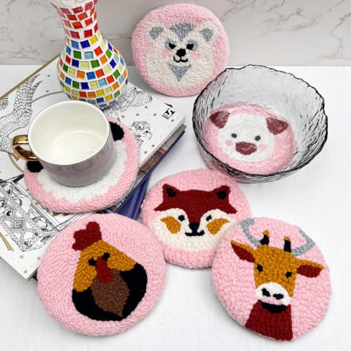 Image of Punch Needle Coaster Kit for Adults Beginners, Easy Punch Embroidery Starter Set with Instructions - Fun Mug Rug Making Kit for Table Decor & Festival DIY Gifts (6pcs Cute Animals)