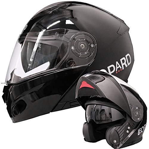 Leopard LEO-888 Doble Visera Casco Moto Modular ECE 22-05 Homologado Negro L (59-60cm) para Motocicleta Bicicleta Scooter Cascos de Moto Modulares Mujer y Hombre