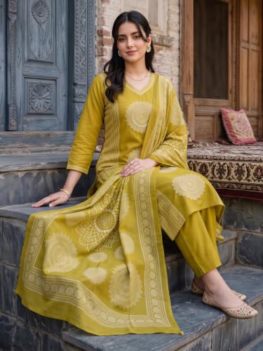 Image of INDO ERA Women's Pure Cotton Printed Thread Work Straight Kurta & Pant with Dupatta Set | Cotton Kurta Set For Women