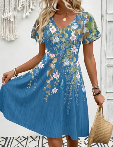 Image of Zeagoo Womens Summer Dress Casual Swing Sundresses Floral Ruffle Short Sleeve Wedding Guest Dress Beach Mini Dress 2026
