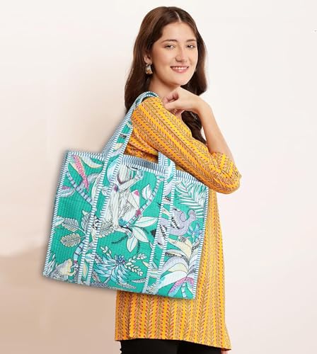 Image of Cotton Tiger Block Print Tote Bag, Indian Handmade Shopping Shoulder Bag, Unisex Market Daily Use
