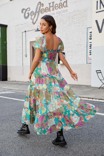 Women Floral Maxi Dress Short Puff Sleeve V Neck Bohemian Flowy Dress Smocked Casual Spring Summer Dresses3