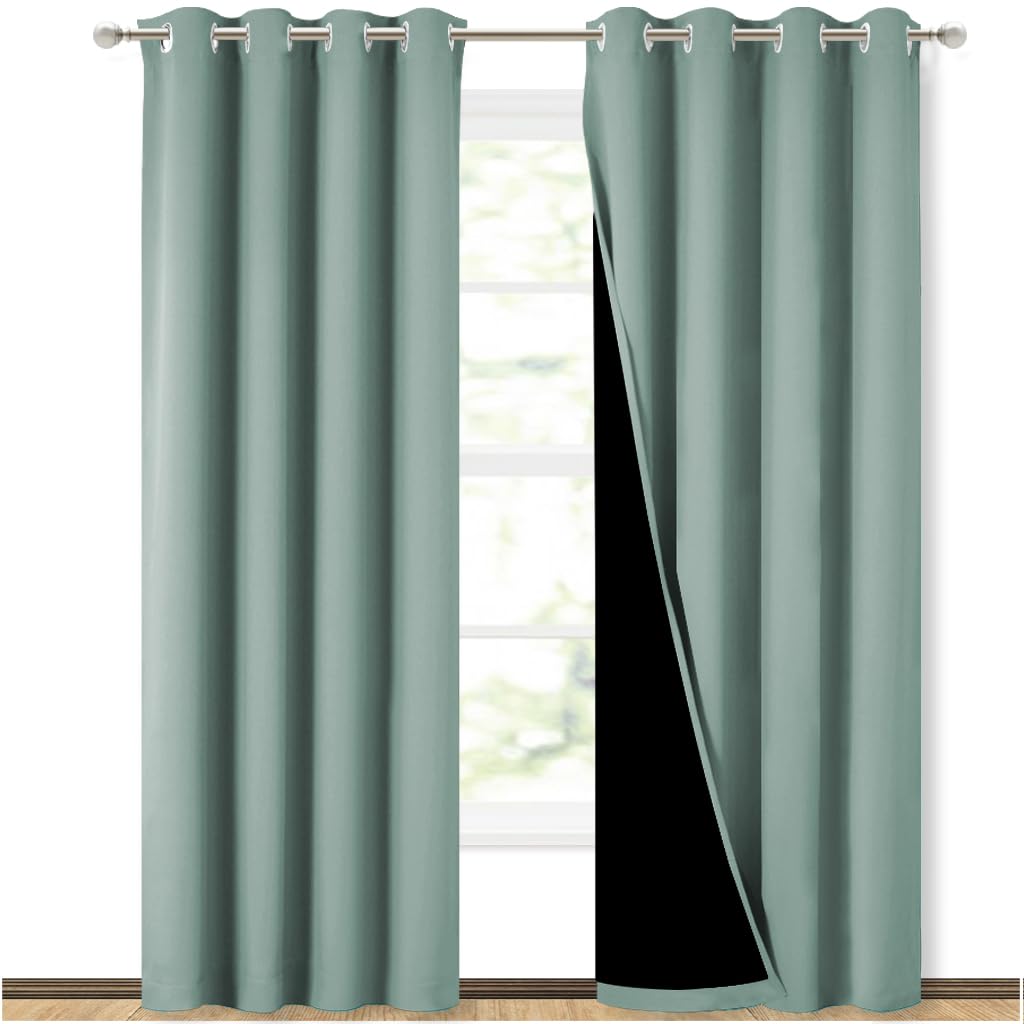 NICETOWN 100% Blackout Curtains 84 inches Long, Seafoam Green, 52 inches Wide, Pair of Energy Smart &amp; Noise Blocking Out Drapes for Baby Room Window, Thermal Insulated Guest Room Lined Window Dressing
