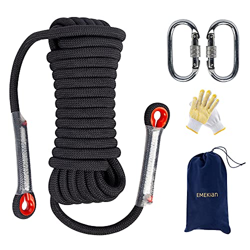 EMEKIAN 10mm Black Outdoor Climbing Rope, 30M(98ft) Static Rock Climbing Rope for Escape Rope, Ice Climbing Equipment, Fire Safety Rescue Rope, with Non-Slip Gloves