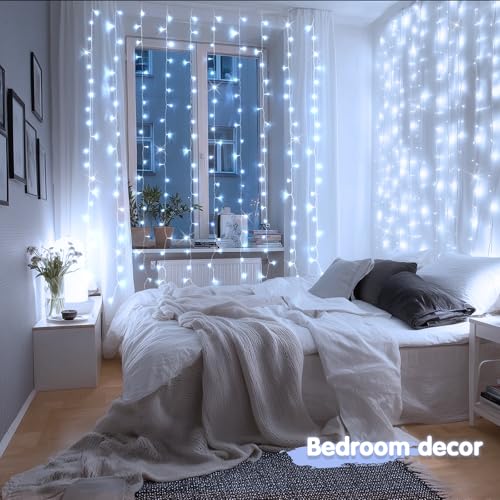 Image of JMEXSUSS 200 LED White Curtain Lights, USB Powered, 6.5ft x 6.5ft | White Christmas Lights with Remote, 8 Modes Hanging String Lights for Bedroom Wall Wedding Party Backdrop Window Decor