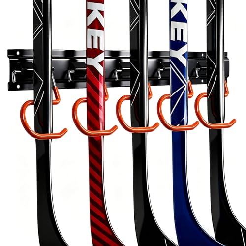 Giltiil Hockey Stick Holder Wall Mount Display 5-Hook Storage Rack with Anti-Slip Bright Orange Hooks Heavy Duty Hockey Stick Organizer for Garage Home and Rink Fits Adult & Youth Sticks