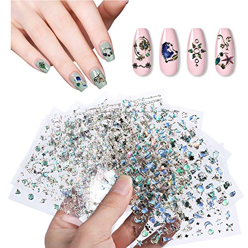 12 Sheets 3D Gold Metallic Nail Stickers for Women, EBANKU Self-adhesive Nail Jewels Rhinestone Stickers Sparkly Star Moon Diamond Nail Art Sticker Decals
