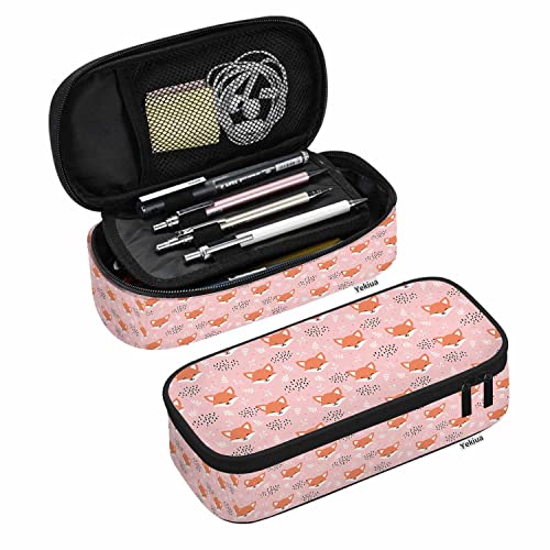 Image of Yekiua Cute Fox Pencil Pouch Floral Dots Leaves High Capacity Pencil Case Stationary Bag Cosmetics Bag Pink