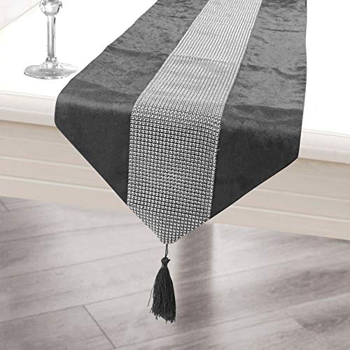 Time to Sparkle Velvet Table Runner + 4 Placemats Thick Velvet Satin Tasseled Xmas (Grey, 4*Placemats + 1*Runner) - Image 2
