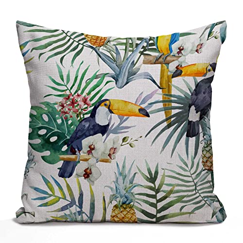 Tomda Housse de coussin décorative en coton et lin avec motif d'ananas et perroquet - 45 x 45 cm