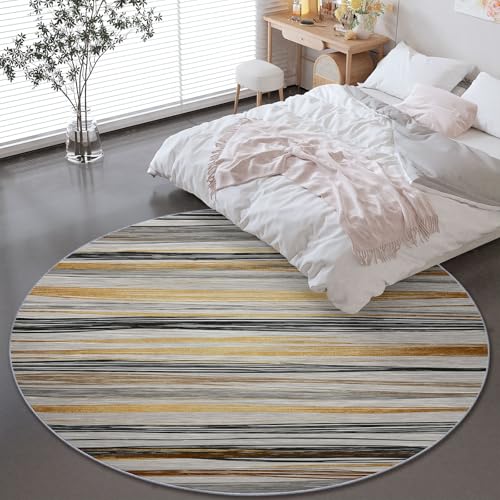 Alfombra Redonda para Sala de Estar - Rayas Abstractas Minimalistas Y Pintadas A Mano Lavable a Máquina Antideslizante Alfombra Redonda 90 cm, Gris Claro Dorado Alfombras para Pasillo de Entrada