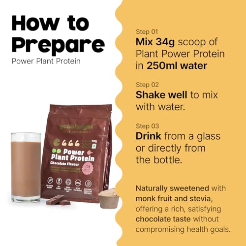 Image of GOBBLERIGHT Power Plant Protein Powder Chocolate Flavour 500g | No Added Sugar | Isolate & Concentrate Pea Rice Protein - Turmeric & Moringa | 4.91g BCAA | No Bloat & Gut Friendly | Vegan & Dairy Free
