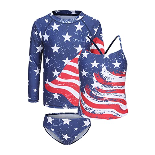 Image of Girls 3 Piece Swimsuits Set Long Sleeve Rash Guard Tankini Bathing Suits for Girls Beach Swimwear Set 3-16 Years