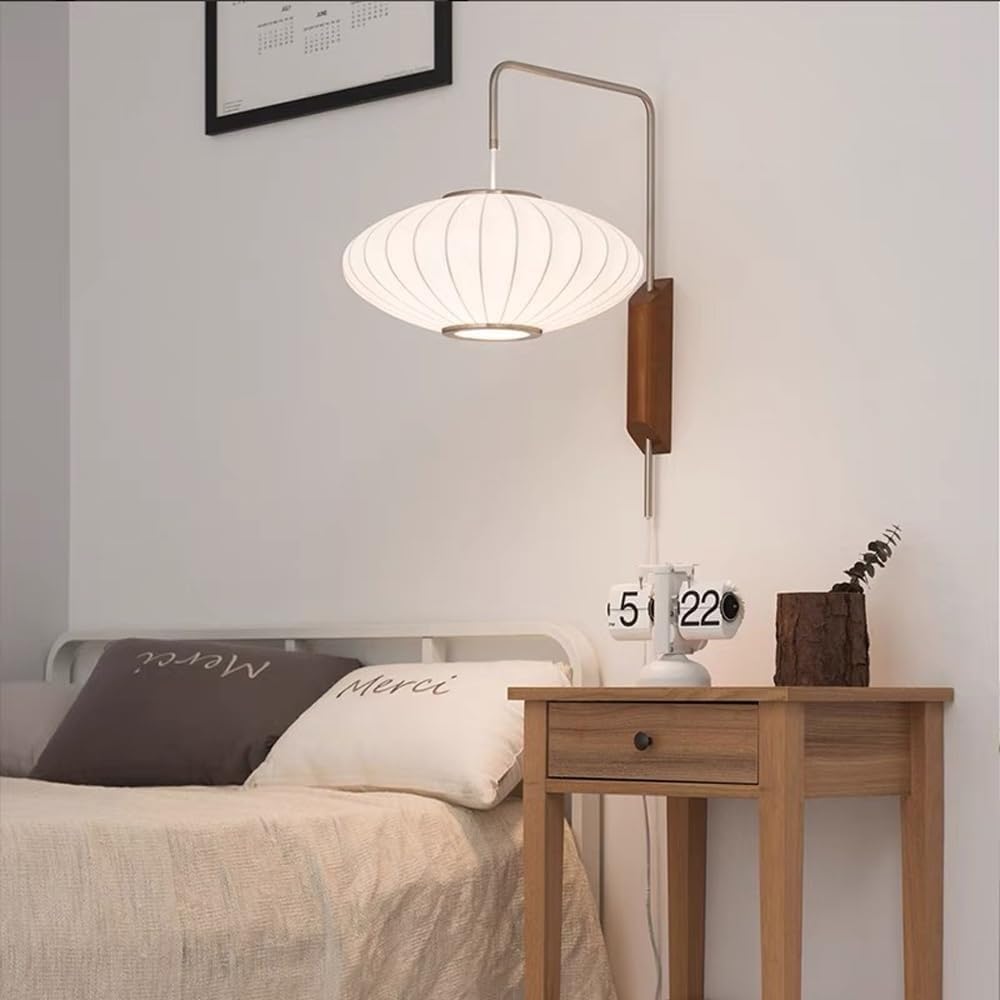 Nowoczesna lampa ścienna do wnętrz z przegubowym ramieniem z jedwabnym owalnym abażurem Styl drewniana latarnia Wabi Sbai idealna do sypialni, salonu lub jadalni opraw E27