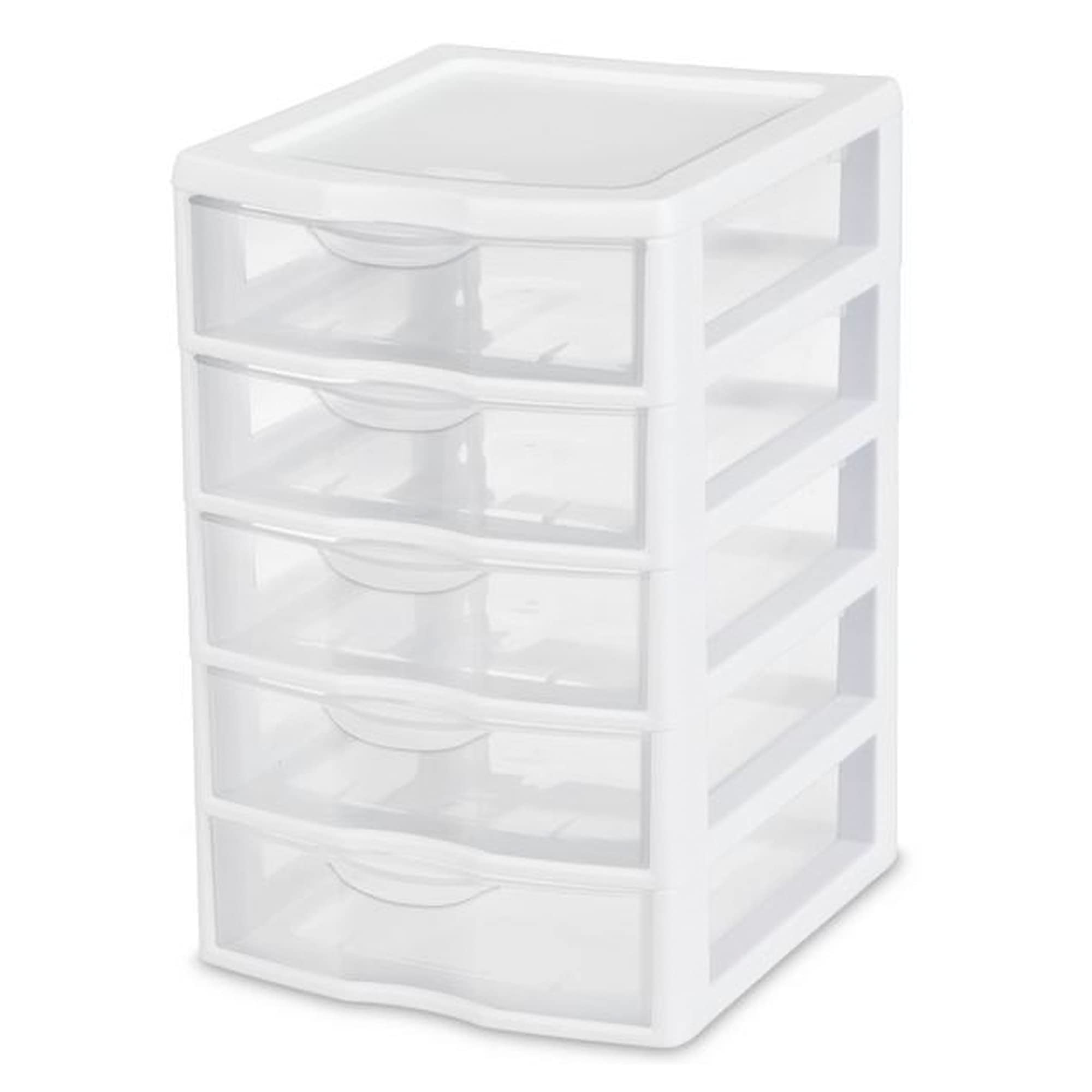 Sterilite Small 5 Drawer Desktop Storage Unit, Tabletop Organizer for Desk, Countertop at Home, Office, Bathroom, White with Clear Drawers, 4-Pack
