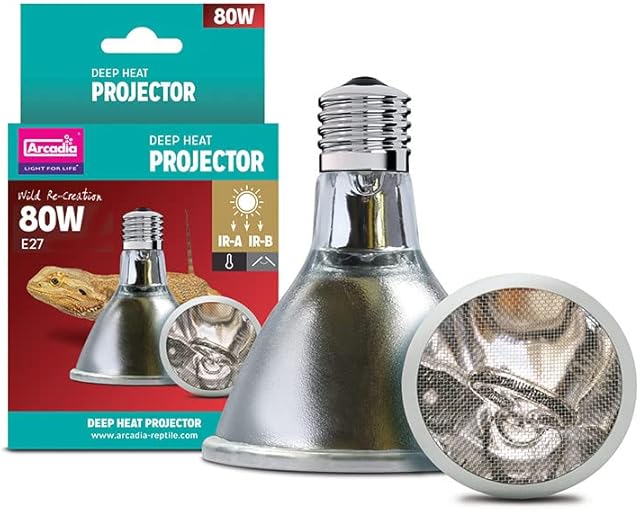 Arcadia Reptile - Deep Heat Projector - 80w - E27 Screw Fit - Provides Essential Infra-Red - Wide Beam - Fast Warm Up - Heat Lamp For Reptiles