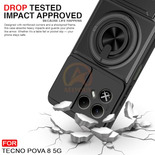 Image of Tecno Pova 8 5G Back Cover | Armor Camera Slider 360 Degree Rotating Finger Ring Holder Case with Bracket Stand Back Case Cover (Compatible with MagSafe Accessories) (Black)