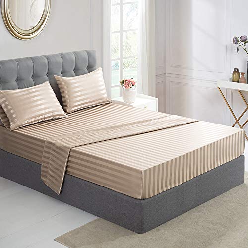 Image of Satin-Silk Sheets Full Size Bed Set, Taupe Soft Cooling Deep Pocket Sheets, Hypoallergenic, Wrinkle and Fade Resistant Bedding Set, 3 Piece, Striped