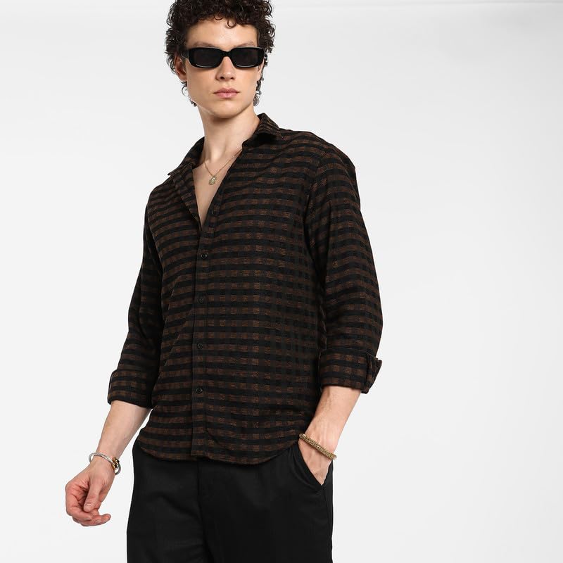 Image of CAHOOT Men's Polycotton Abstract-Textu Shirt |Casual-Wear | Spread Collar | Long Sleeve | Button Closure | Shirt Crafted with Comfort Fit for Everyday Wear