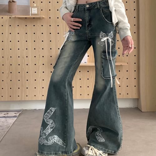Fashion Y2K High Waisted Wide Leg Jeans Casual Vintage Lace Drawstring Patchwork Slim Flared Denim Pants4