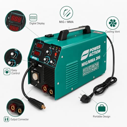 Image of Sulfar Power Action IGBT Welding Machine MIG /MMA200 Voltage 160-240V-50Hz No Load Voltage 65V, Current Range 20-200A Max Input Current: MMA: 27A MIG: 25A With Two LCD Display (200, Green)