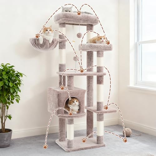 Image of Gitelsnour 55.1'' Cat Tree Tower for Indoor Cats, Large Platform, CCT013MU | 7 Sisal Scratching Posts, Multi-level Cat Condo Cat Cave, 2 Padded Perches, Basket, Furry Ball, Toy, Mushroom