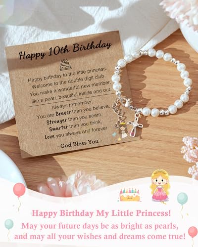 Tarsus Happy Birthday Gifts for Girls, 4 5 6 10 Year Old, White Pearl Cross Bracelet for Daughter Niece Granddaughter Girls Birthday Ideas3