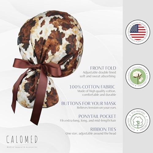 Image of Scrub Cap for Women and Men, Ponytail Scrub Caps, Working Hat, Head Cover with Ribbon Ties and Buttons, Long Hair