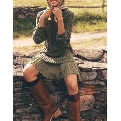 Women Crewneck Cable Knit Sweater Mini Dress, Casual Crew Neck Long Sleeve Pleated Mini Dress4