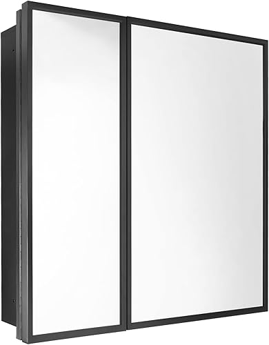 Movo Botiquín de baño empotrado o superficie con marco de metal negro de 30 x 27 pulgadas con espejo rectangular inclinable biselado para pared