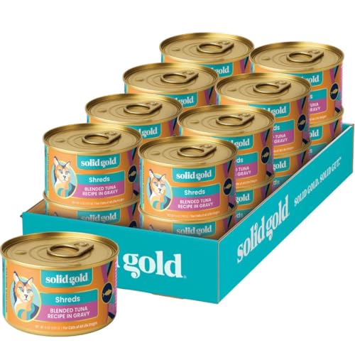 Image of Solid Gold Wet Cat Food Shreds in Gravy - Canned Cat Food Made w /Real Tuna - Five Oceans Grain Free - 16ct /6oz Can
