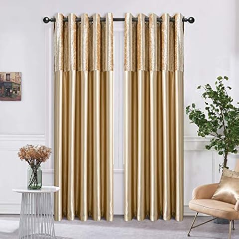 ROOEE Crushed Velvet Faux Silk Curtains - Eyelet Ring Top and Fully Lined. Color Champagne Gold Size - 66" x 90" Cover