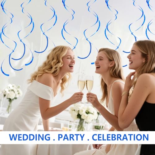 Image of Royal Blue Hanging Swirls Party Decorations 30 Pack- Extra Long Double Swirl Ceiling Decorations for Birthday, Baby Shower, Christmas, Wedding | Reusable Blue Party Streamers with Hooks