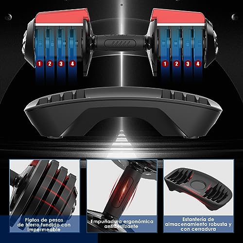 Adjustable dumbbell 1.5 to 18 kg with storage base for women and men, dumbbell set with weight plates, space saving for training, variable weights 12 in 1