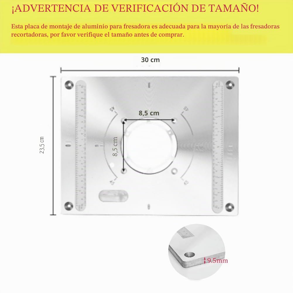 Fresadora de mesa con placa de inserción, router de aluminio, placa de inserción, con función de elevación, router, con 2 anillos y tornillos para rebajadora, trabajo de madera, 300 x 235 x 9,5 mm