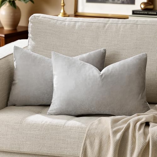 Image of GIGIZAZA Gold Velvet Decorative Throw Pillow Covers for Sofa Bed 2 Pack Soft Cushion Cover (Silver Grey, 12 x 20- Set of 2)