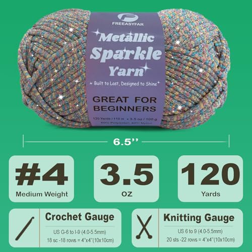 Image of Metallic Sparkle Yarn for Crochet and Knitting with Easy-to-See Stitches, Worsted Weight Medium #4, Beginners Yarn for Amigurumi, Bags, Handmade Gifts, Home Decor (Lavender, 1 Pack)
