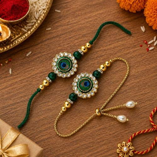 Image of Riddhika Ventures Glorious Gold Plated Kundan and Peacock Bhaiya Bhabhi Rakhi Set with Roli Chawal and Greeting Card