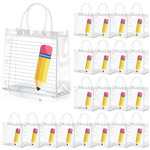 Renbuzhu 24PCS Back to School Clear PVC Gift Bags Bulk 8 x 8 x 3Inches: First Day of School Supplies with Handles Teacher Appreciation Gifts Transparent Bag Reusable Tote