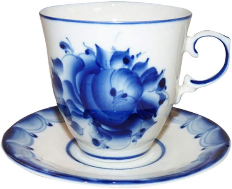White Porcelain Tea Cup Russian Utensils 9.1 fl oz Enchantress Cup and Saucer Set Blue&White Porcelain Gzhel Hand-Painted Unique Russian Saucer Set