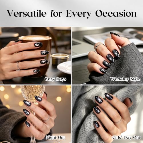 Image of Beetles Black Cat Eye Press On Nails Short Almond, 32 PCS, White Polka Dots | Halloween 16 Sizes Salon-Look Cat Eye Nails, Glue and Adhesive Tabs Included, Ready in 10 Minutes, All-in-One Complete Kit