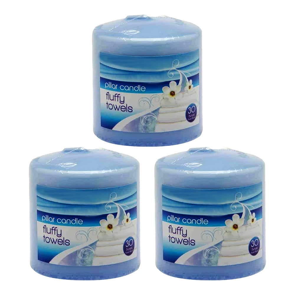 OnlineStreet Scented Pillar Candles - Various Fragrances | Home Decor Fragranced Candles with 30 Hours Long Burn Time (Fluffy Towels, Pack of 3)