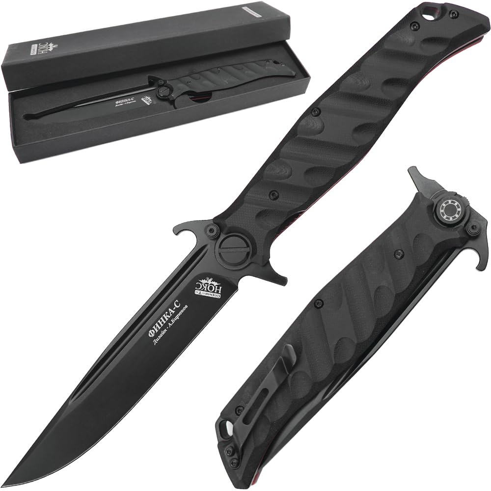 HOKC Finnish-S | 342- 709406 | Pocket Knife, EDC Knife by Official Dealer - Designed by Russian Master Aleksander Biryukov - Liner Lock, Lawks Safety System, G10 Handle, Thumb Stud, Finger Flipper, Long and Durable D2 Stainless Tool Steel, Black Titanium Coated - Ideal for Camping & Hunting
