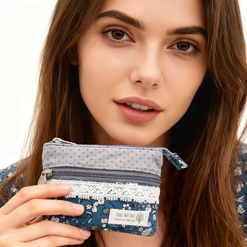 Image of Women Small Zipper Coin Purse, Handmade Fabric Flower Embroidered Change Pouch, Cotton Double Zipper Wallet