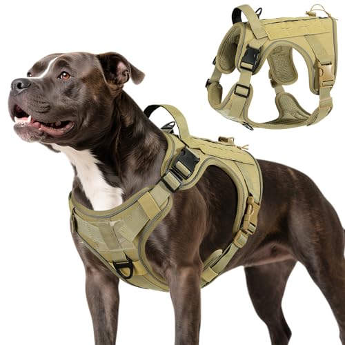 VavoPaw Heavy Duty Tactical Dog Harness for Medium Dogs, No Pull Adjustable Pet Harness Reflective Service Training Easy Control Pet Vest Military K9 Working Dog Harnesses, Army Yellow, M