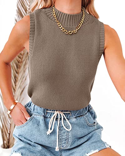 Image of Rilista Women Summer Knit Tank Tops Sleeveless Turtleneck Cami Shirts Ribbed Mock Neck Pullover Sweater Vests
