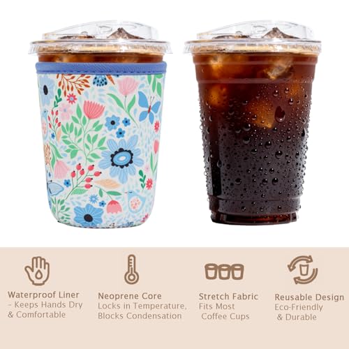 Image of Reusable Insulated Sleeve for Iced Coffee Cup, Coffee Neoprene Sleeve for Cold & Hot Drinks, Beverage Holder for Iced Coffee (Butterfly Bloom, Small: 16-18oz)