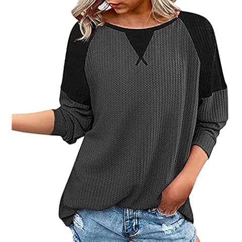 Valtreecho Womens Casual Crew Neck Sweatshirt Waffle Long Sleeve Color Block Loose Pullover Blouses Tops Black Cover